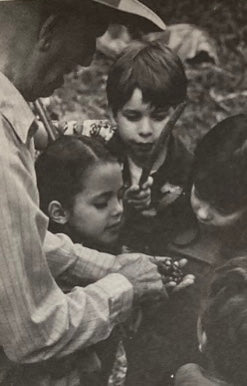 Black and white vintage photograph showing children outdoors with an adult person in a plaid shirt and hat, gathered closely together looking at coffee cherries.